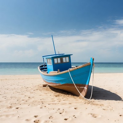 Blue boat on sandy beach