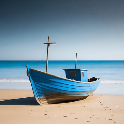 Blue boat on sandy beach at sunset
