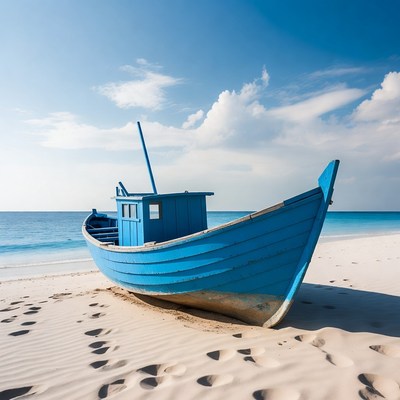 Blue boat on the beach near the sea