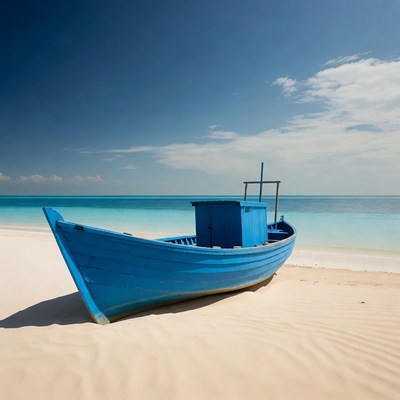 Blue boat on sandy beach shore