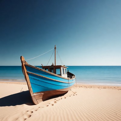Blue boat on sandy beach