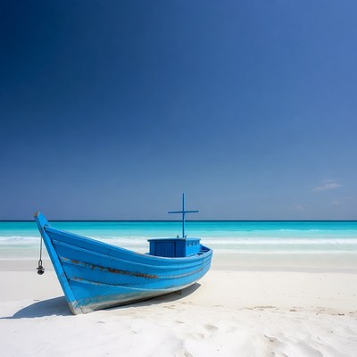 Blue boat on sandy beach