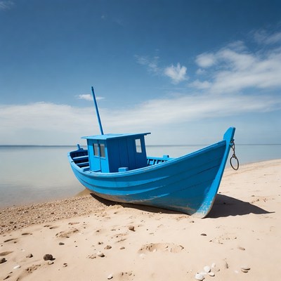Boat on sandy beach under blue sky