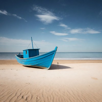 Blue boat on sandy beach