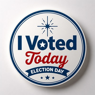 Round sticker displays voting message for election