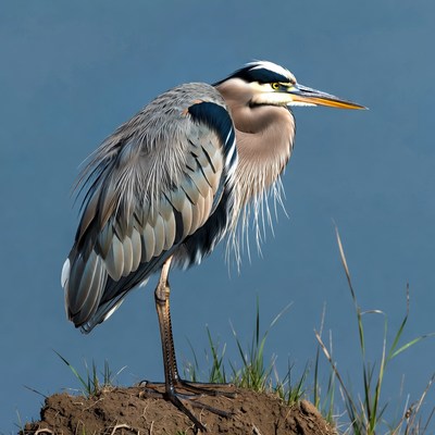 Great blue heron stands on shore