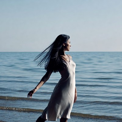 Woman walking by the water