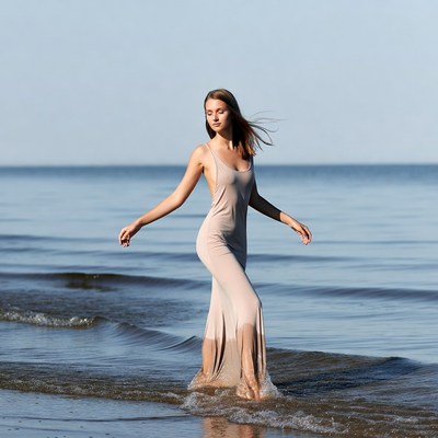 Woman walking in water at beach