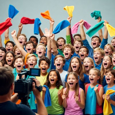 Group of kids cheering at a video shoot