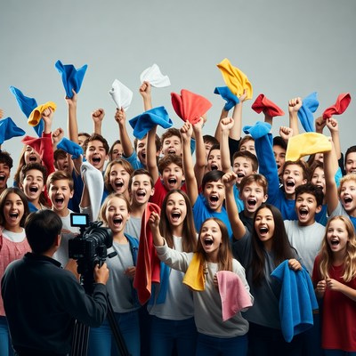 Crowd cheering with colorful towels in studio
