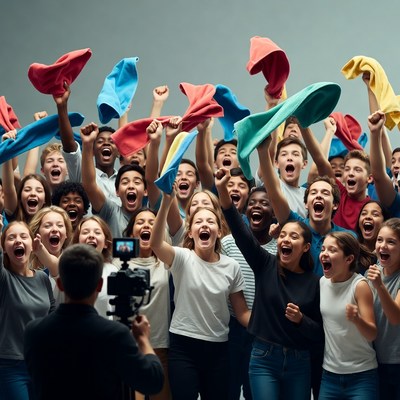 Cheering crowd holds colorful cloths