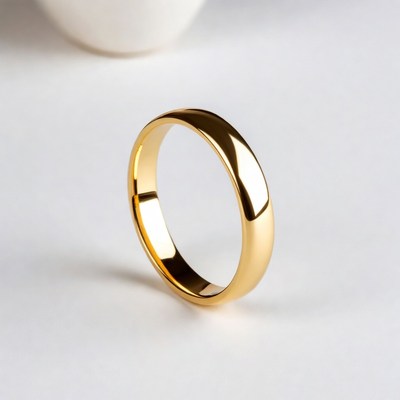 Gold wedding band on a white surface