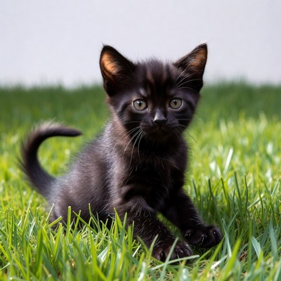 Black kitten plays in grass