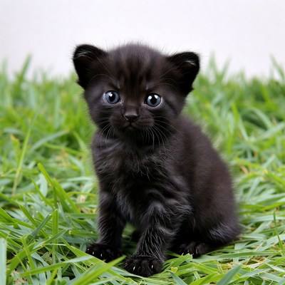 Black kitten sits in grass