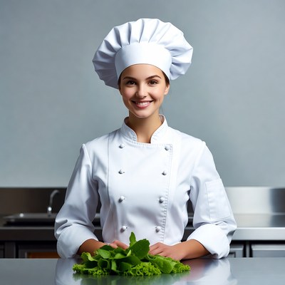 Chef smiles in kitchen with fresh greens