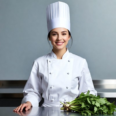 Chef smiling with fresh greens