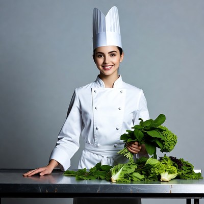 Chef holding fresh greens in kitchen