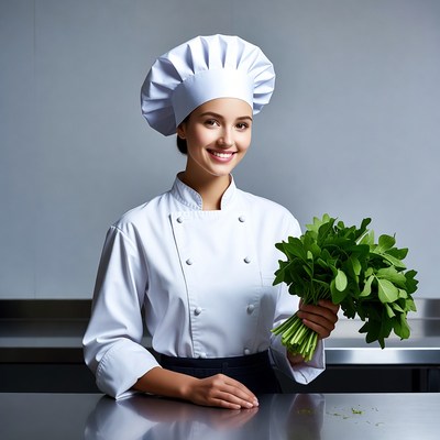 Chef holding fresh herbs in kitchen