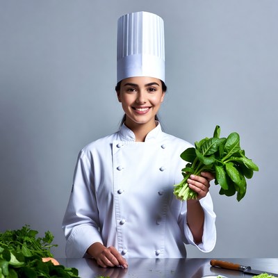 Chef holding fresh greens in kitchen