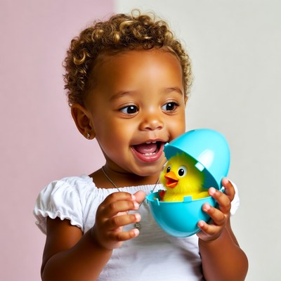 Child with toy chick in egg