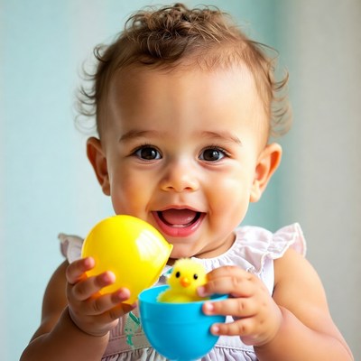 Baby playing with colorful eggs