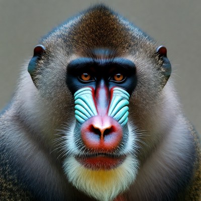 Mandrill with colorful face and strong gaze