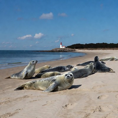 Seals resting on beach near lighthouse