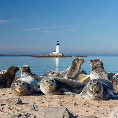 Seals relaxing on the beach near lighthouse