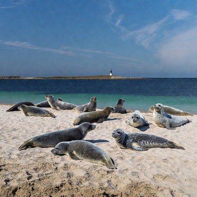 Seals resting on sandy beach