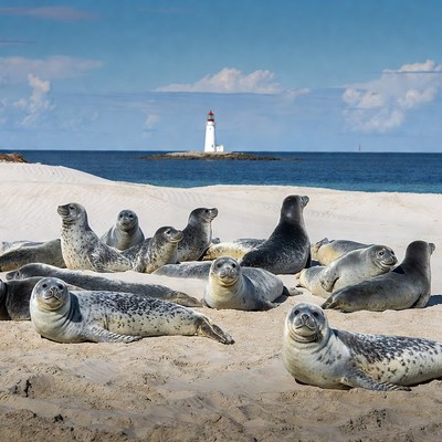 Seals resting on the beach near lighthouse