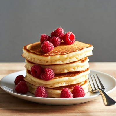 Stack of pancakes with raspberries