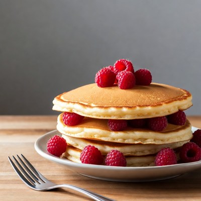 Stack of pancakes with raspberries on plate