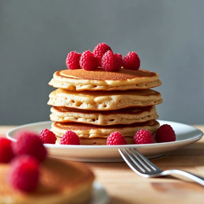 Stack of pancakes with raspberries on plate