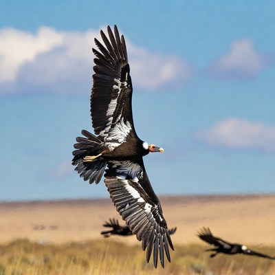 Eagles flying over open field