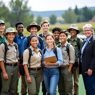 Group of park rangers and students gather