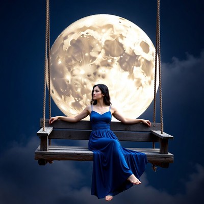 Woman on swing under full moon