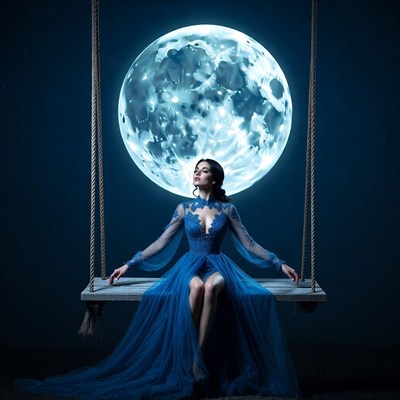 Woman on swing under full moon