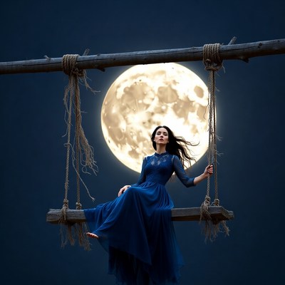 Woman on swing under full moon