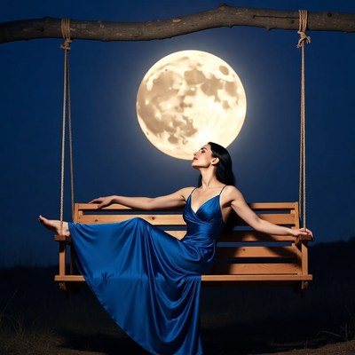 Woman on swing under full moon