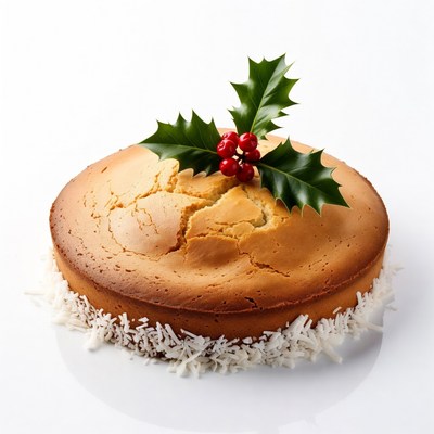Cake with holly decoration on white plate