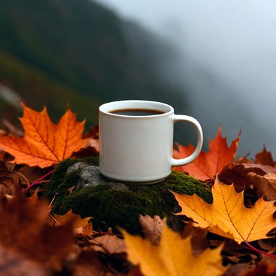 Morning coffee in autumn leaves