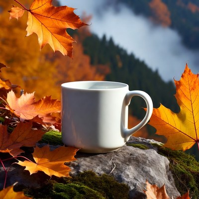 White mug among autumn leaves in nature