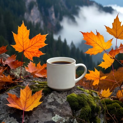 Coffee cup with autumn leaves in mountains