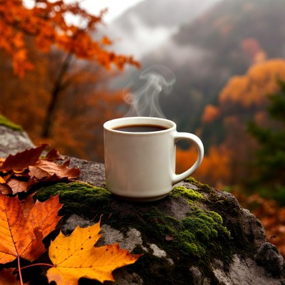 Hot coffee on rock in fall