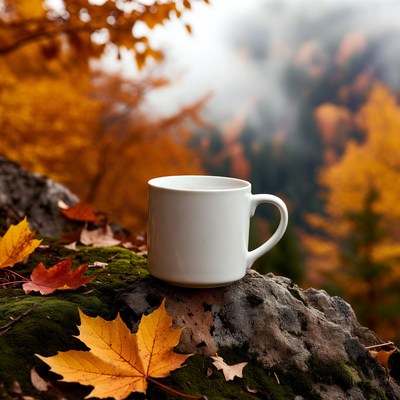 Coffee mug on a rock in autumn