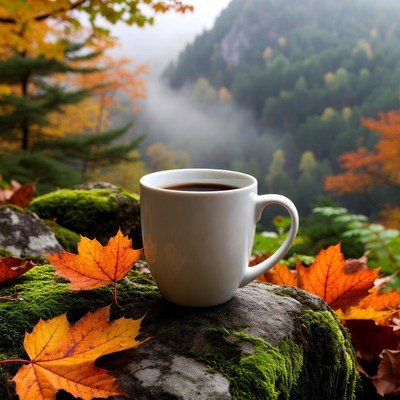 Coffee cup on a stone in autumn forest