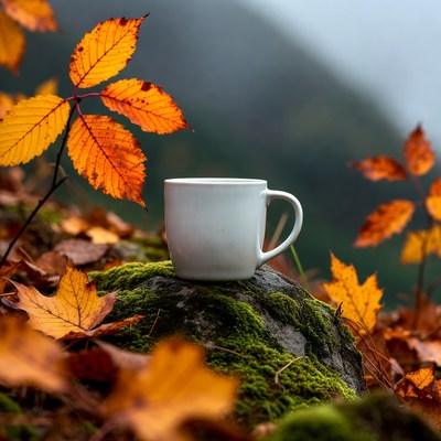 Coffee cup among autumn leaves