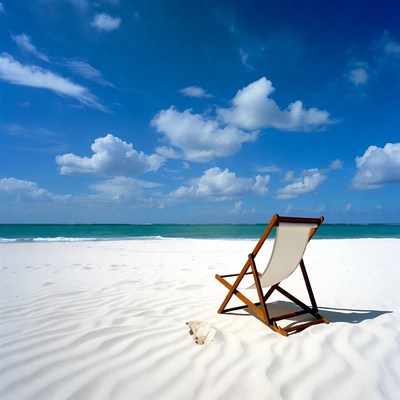 Beach chair on sandy shore under blue sky