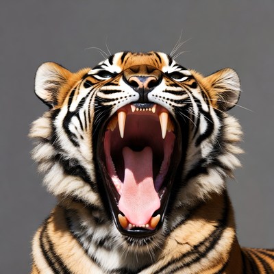 Tiger roaring against plain background