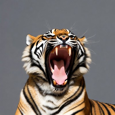 Tiger roaring against plain background